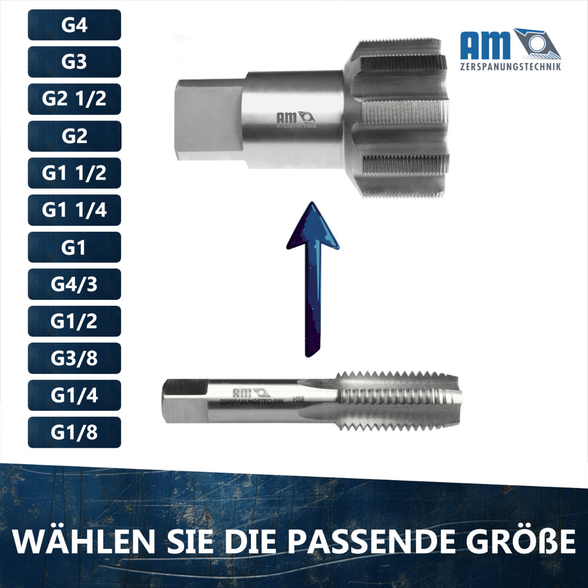 Rohrgewindeschneider und Rohrgewindebohrer in verschiedenen Größen, geeignet für präzise Gewinde in Rohren, AM-Zerspanungstechnik