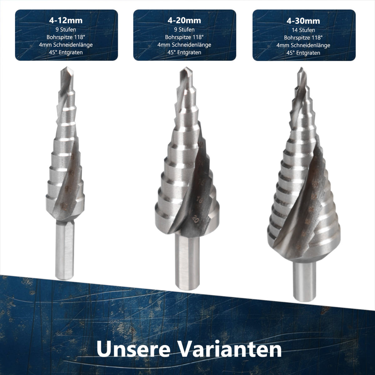 Stufenbohrer 4-12mm, 4-20mm, 4-30mm für präzise Bohrungen AM-Zerspanungstechnik