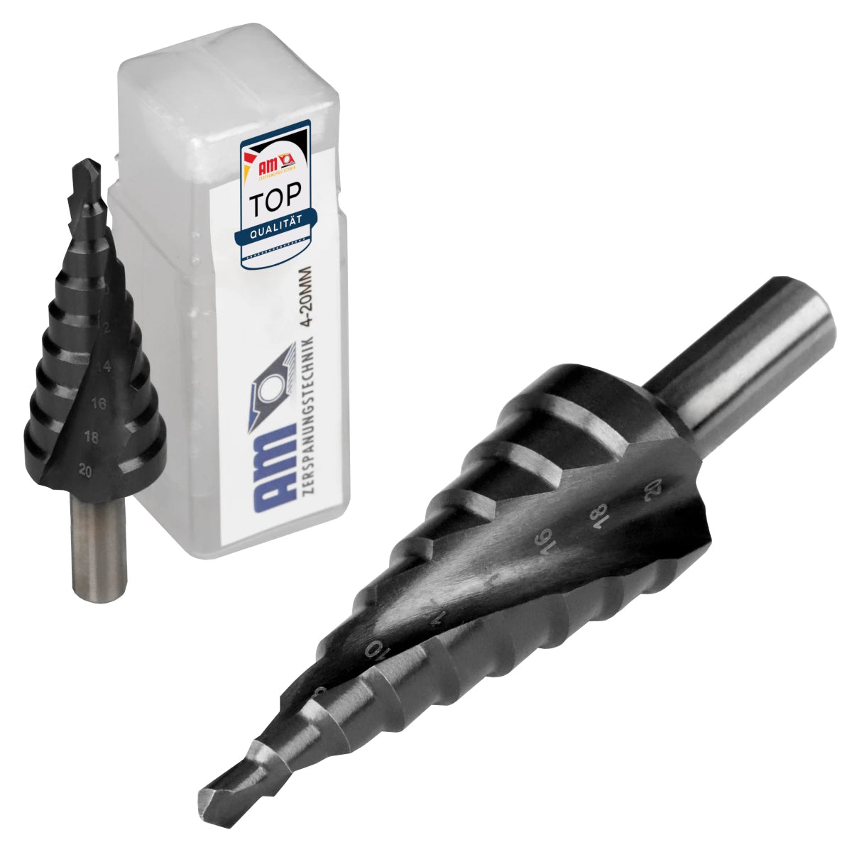 Einzelner HSSE-TiAlN Profi-Stufenbohrer mit Spiralnut für Durchmesser 4 mm bis 20 mm inklusive Aufbewahrungsbox.