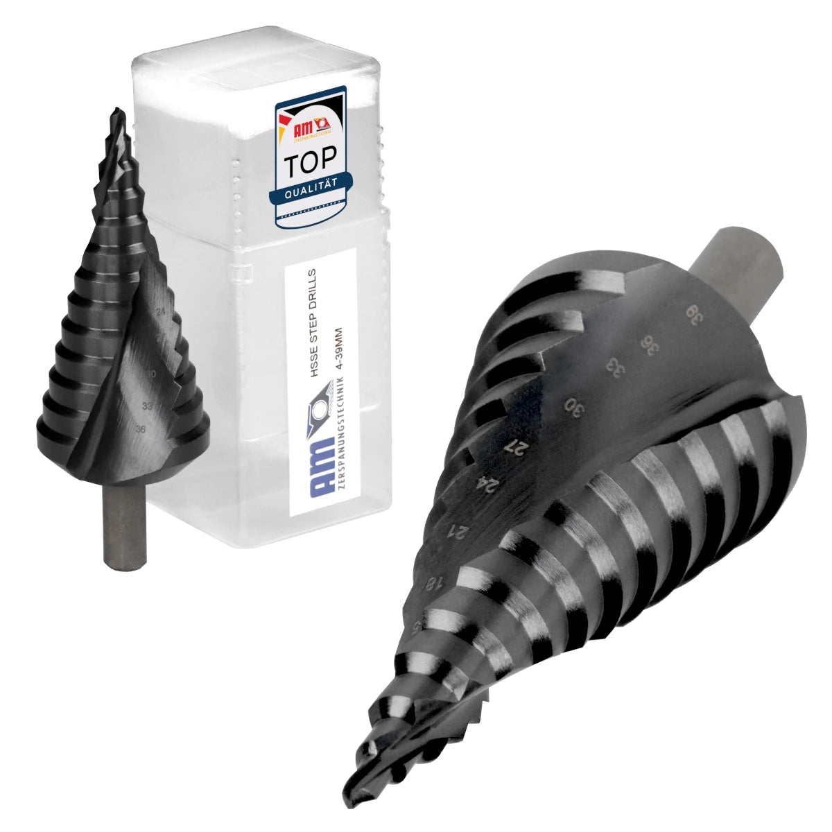 Großer HSSE-TiAlN Profi-Stufenbohrer einzeln mit Spiralnut für Durchmesser 4 mm bis 39 mm und Schutzbox.