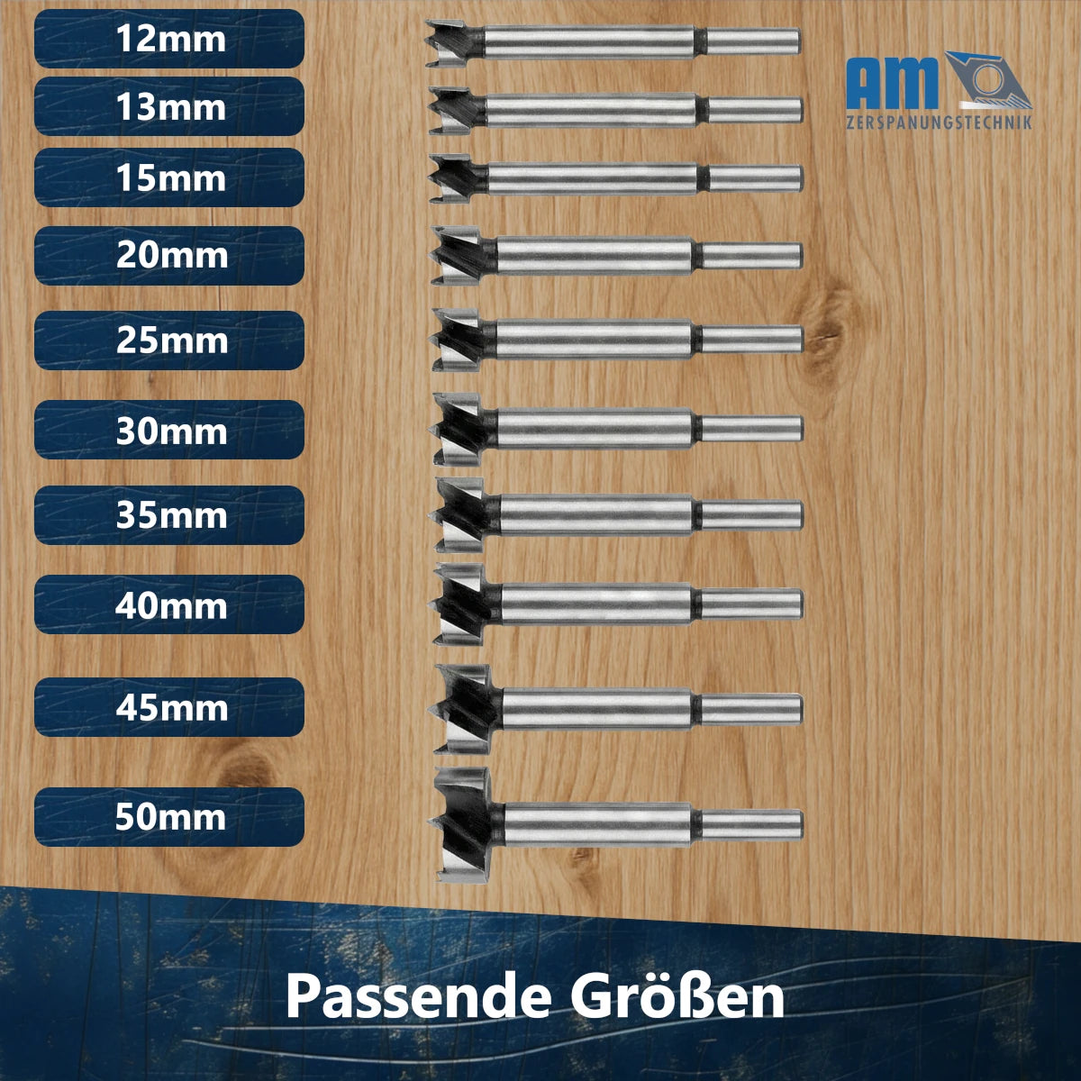 Technische Übersicht aller 10 enthaltenen Durchmesser von 12 mm bis 50 mm.