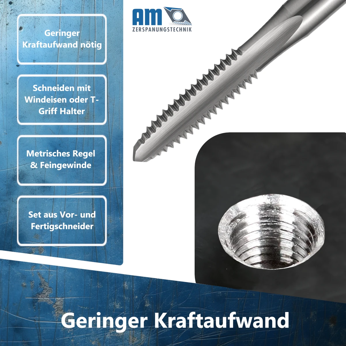 Präziser Anschnitt des Vorschneiders zum leichten Zentrieren und Kräfte sparen beim Gewindeschneiden.