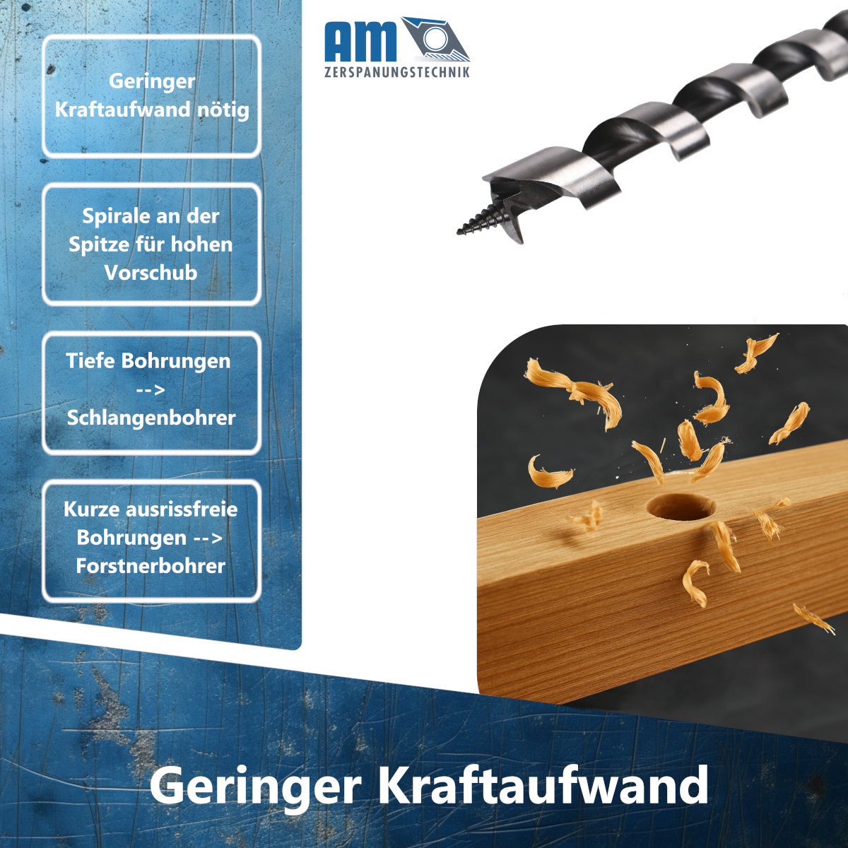 Präzise Gewindespitze des Schlangenbohrers für müheloses Einziehen und schnellen Bohrfortschritt.