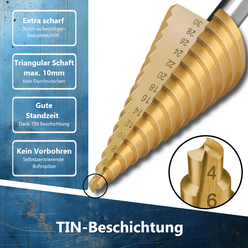Nahaufnahme der goldenen TiN-Beschichtung für reduzierte Reibung und bessere Standzeit beim Heimwerker-Einsatz.