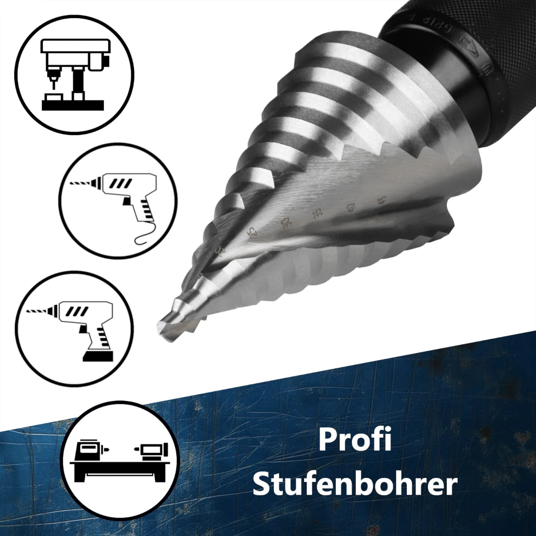 Präziser HSS M2 Spiral-Stufenbohrer für den Einsatz in professionellen Tischbohrmaschinen und kraftvollen Akkuschraubern.