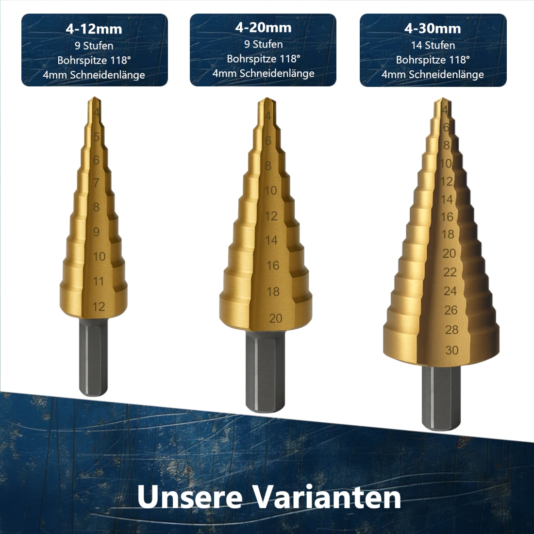 Die drei verschiedenen Ausführungen und Größen des titanbeschichteten HSS-Heimwerker-Stufenbohrer-Sets.