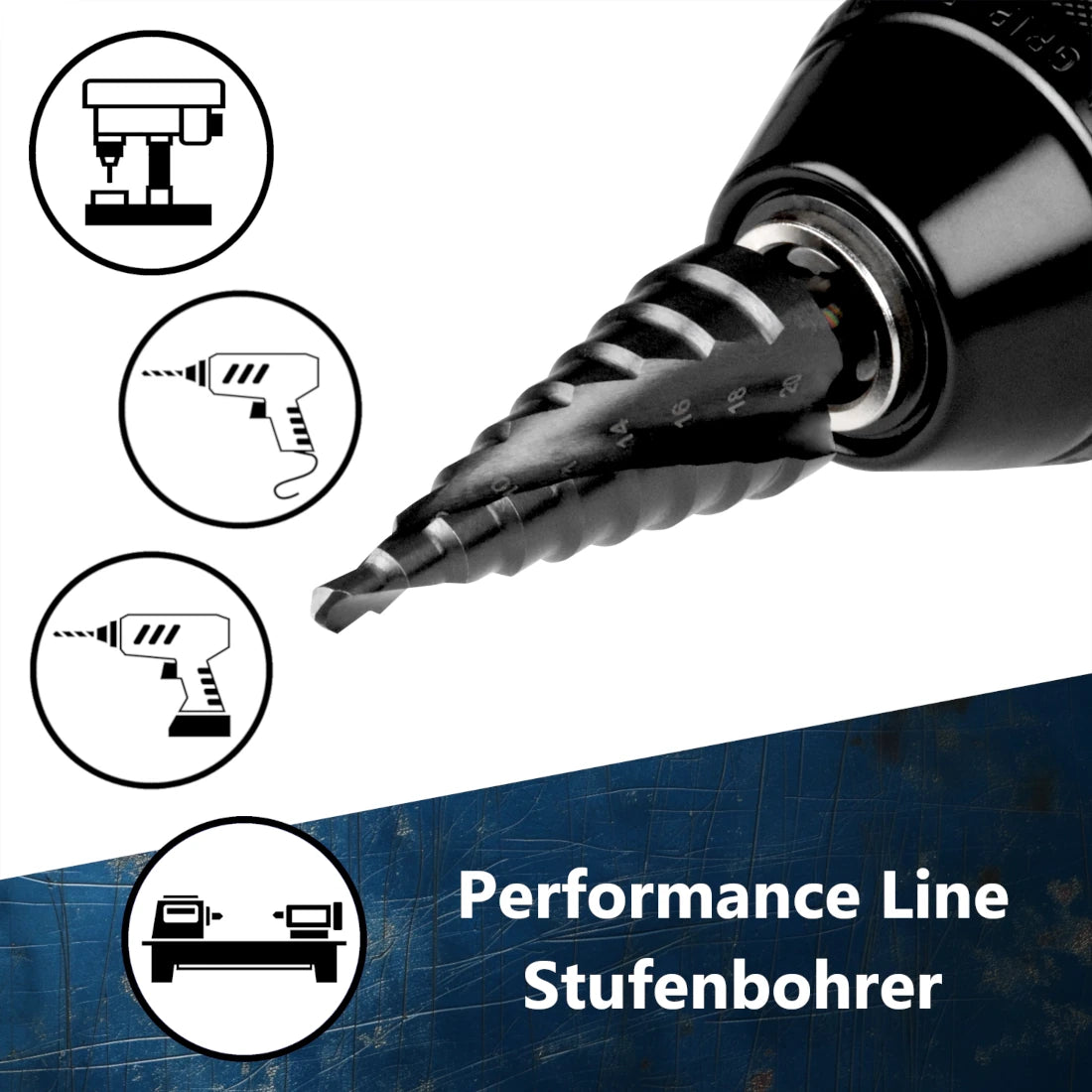 Dunkler HSSE Stufenbohrer aus der Performance Line für maximale Standzeiten bei industriellen Anwendungen.