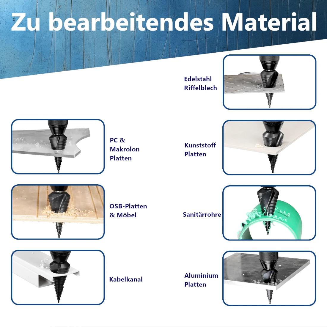Geeignete Materialien für den Profi-Stufenbohrer: Edelstahl, V2A, Stahl, Gusseisen und harte Buntmetalle.