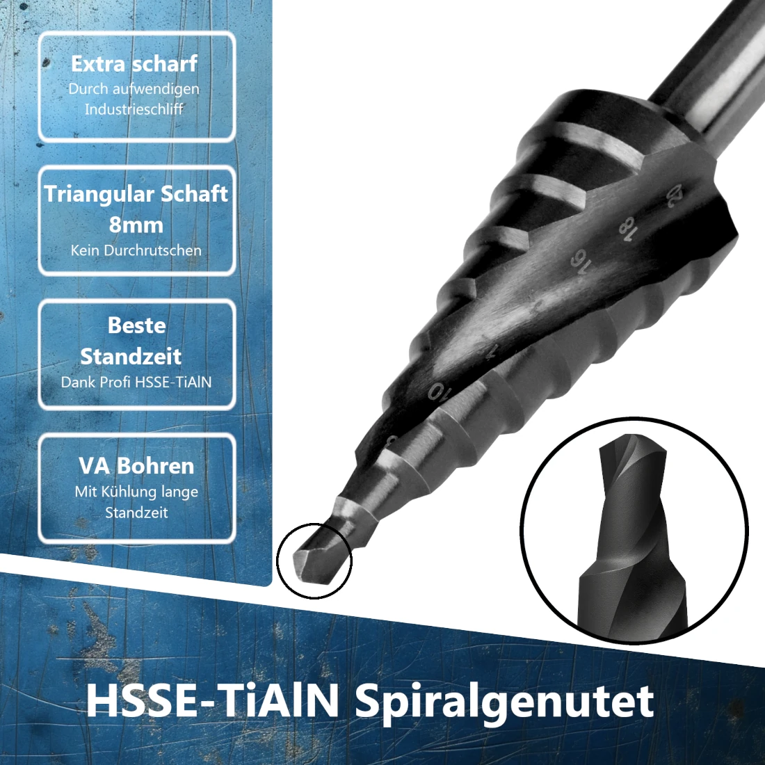 Detailansicht der Spiralnut des HSSE-TiAlN Stufenbohrers für optimalen Spanabtransport und schnellen Bohrfortschritt.