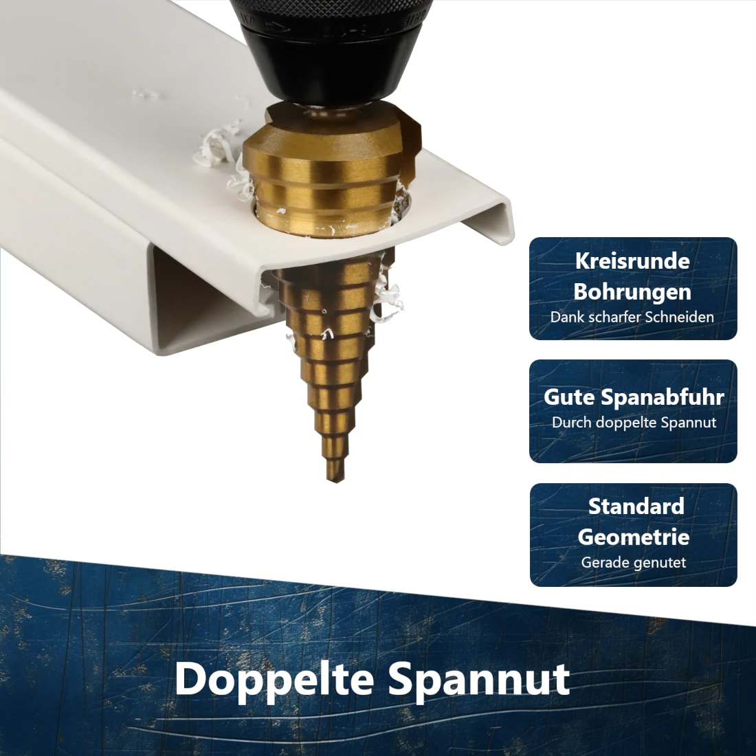 Präzises Bohren in ein Metallprofil mit einem gerade genuteten HSS-TiN Stufenbohrer mit doppelter Spannut.
