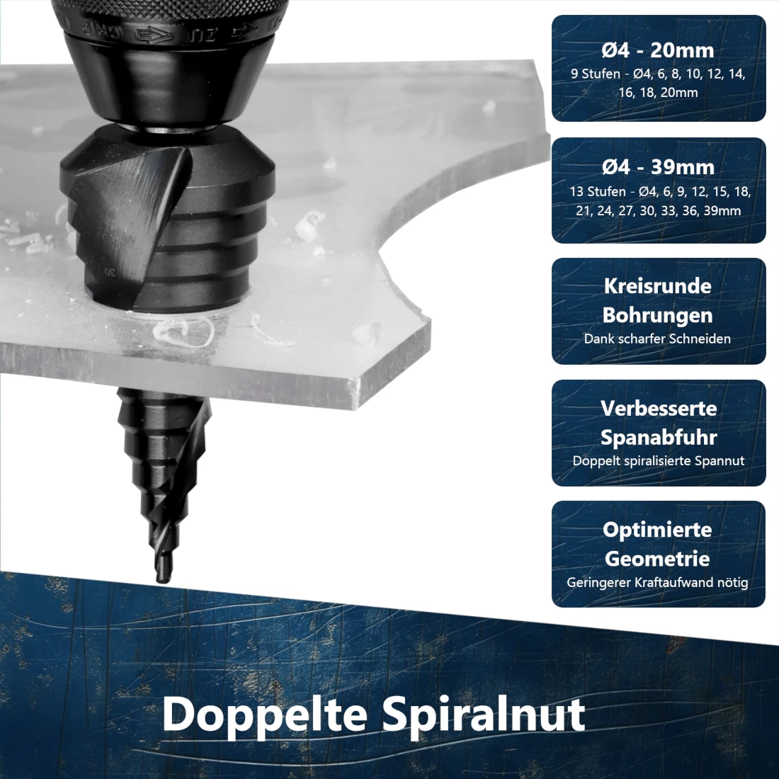 Vibrationsfreies und sauberes Bohren von großen Durchmessern in hartes Edelstahlblech dank doppelter Spiralnut.