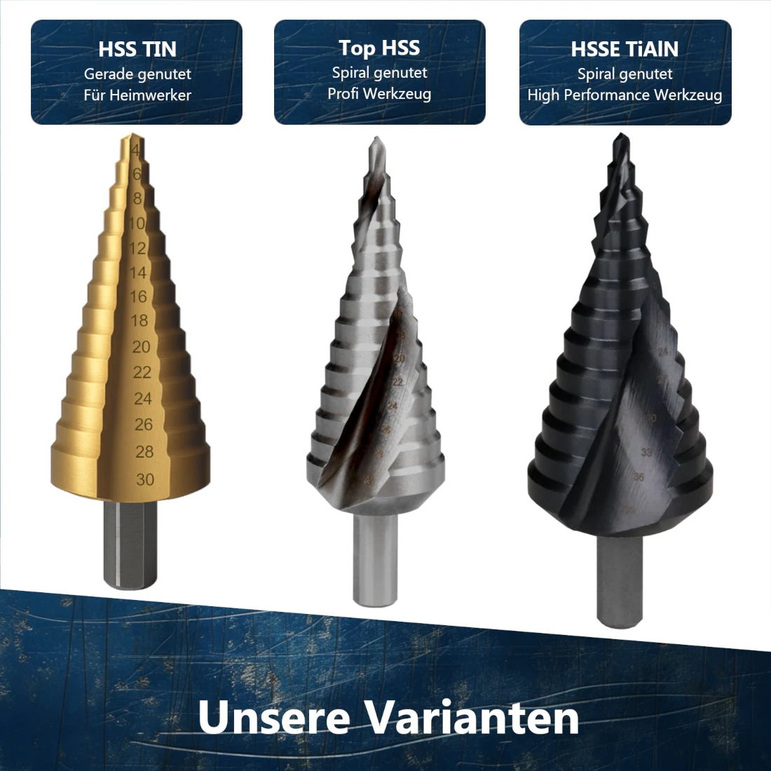 Übersicht der drei AM-Zerspanungstechnik Qualitätsstufen: HSS-TiN, HSS M2 und HSSE TiAlN.