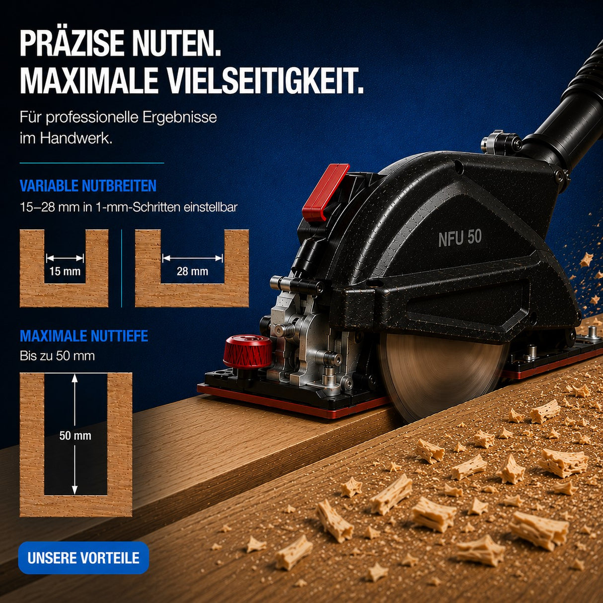 Verstellbare Nutbreiten von 15 bis 28 mm in 1-mm-Schritten mit dem Verstellnuter Ø163 mm