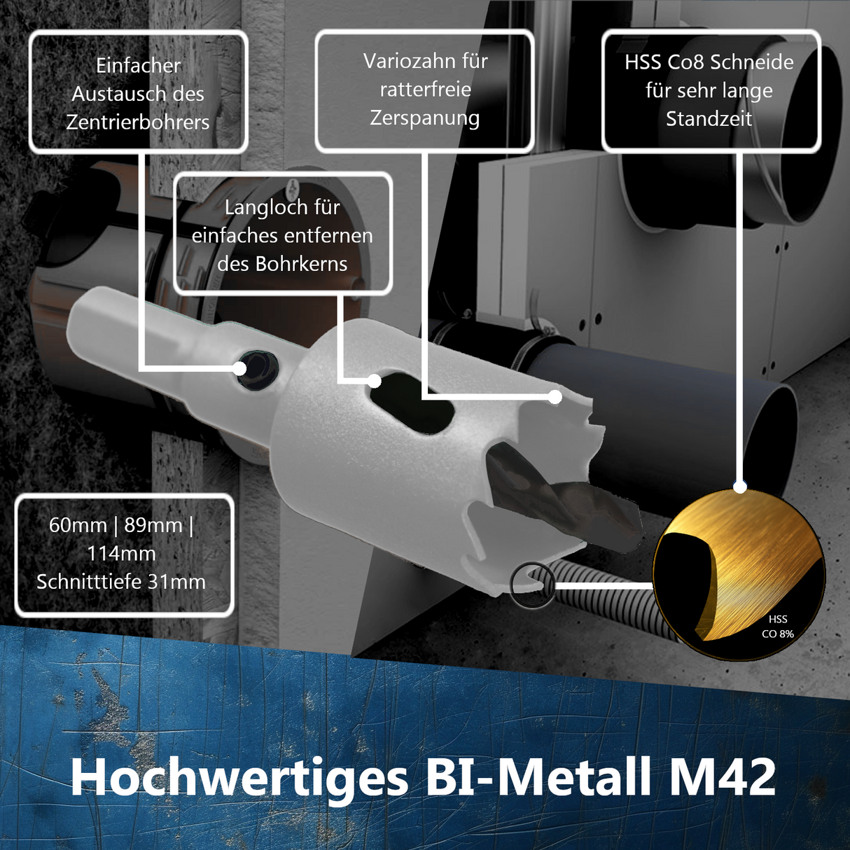 Hole saw set HSS bi-metal Ø60 - 114mm hole saw set can drill