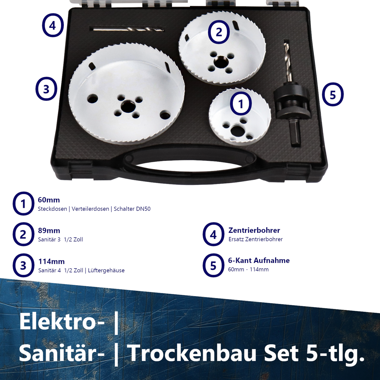 Hole saw set HSS bi-metal Ø60 - 114mm hole saw set can drill