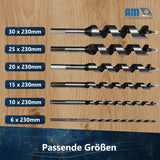 Schlangenbohrer Set Ø6-30 x 230mm | Holzbohrer Set 6tlg. | Holzbohrer lang 6x230, 10x230, 15x230, 20x230, 25x230, 30x230