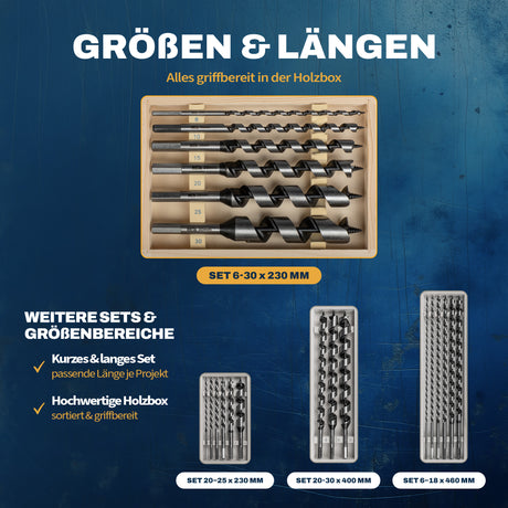 Übersicht verschiedener AM Schlangenbohrer-Größen und Längen für unterschiedliche Anwendungen im Holzbau.