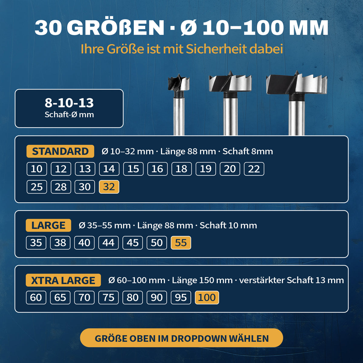 Übersicht der AM Forstnerbohrer in 30 Größen von 10 bis 100 mm mit Standard-, Large- und Xtra-Large-Ausführungen.