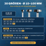 Übersicht der AM Forstnerbohrer in 30 Größen von 10 bis 100 mm mit Standard-, Large- und Xtra-Large-Ausführungen.