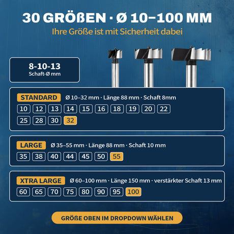 Übersicht der AM Forstnerbohrer in 30 Größen von 10 bis 100 mm mit Standard-, Large- und Xtra-Large-Ausführungen.