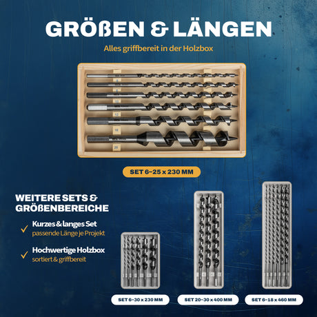 Übersicht der AM Schlangenbohrer in verschiedenen Größen und Längen.