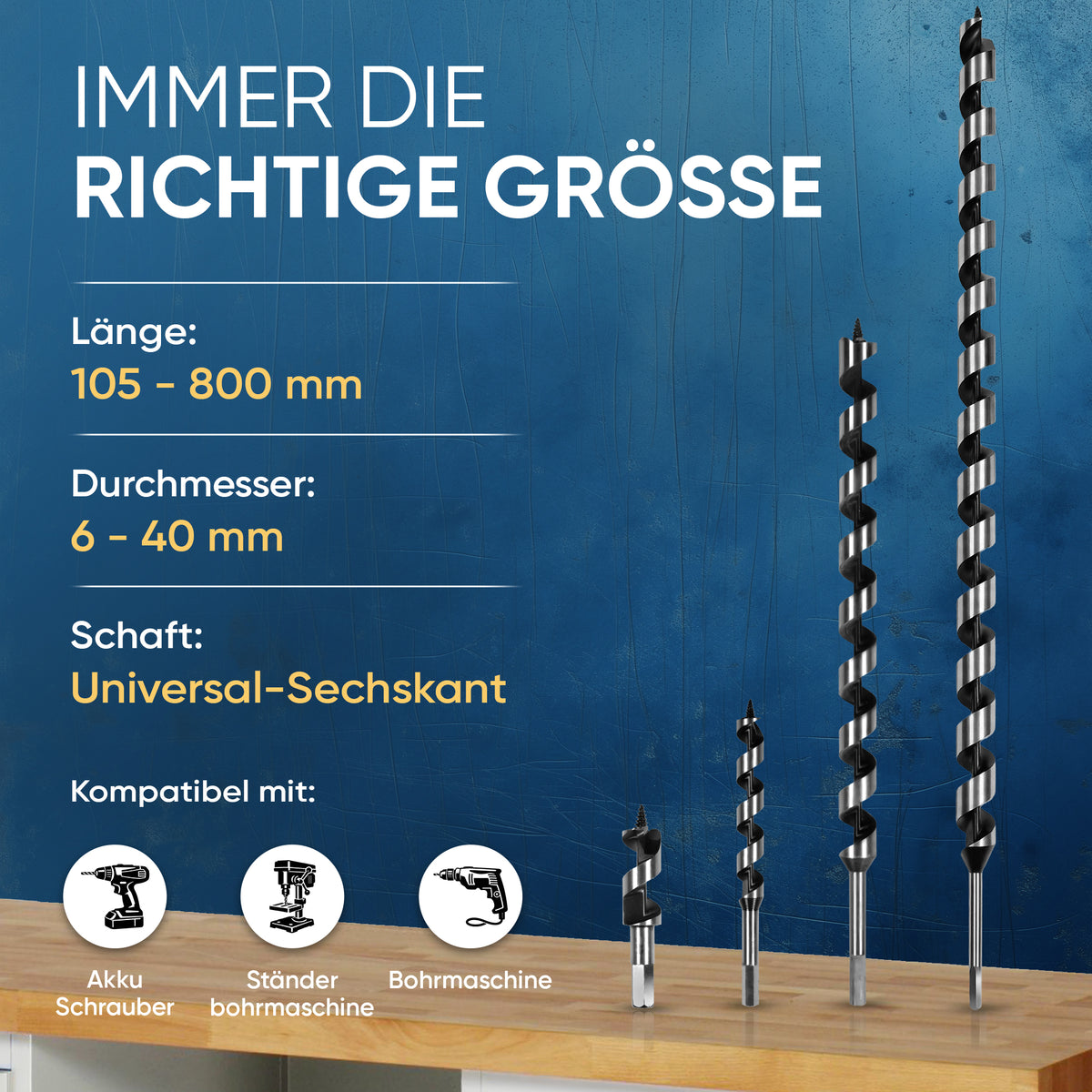 Schlangenbohrer in Größen von 6 bis 40 mm und Längen von 105 bis 800 mm.