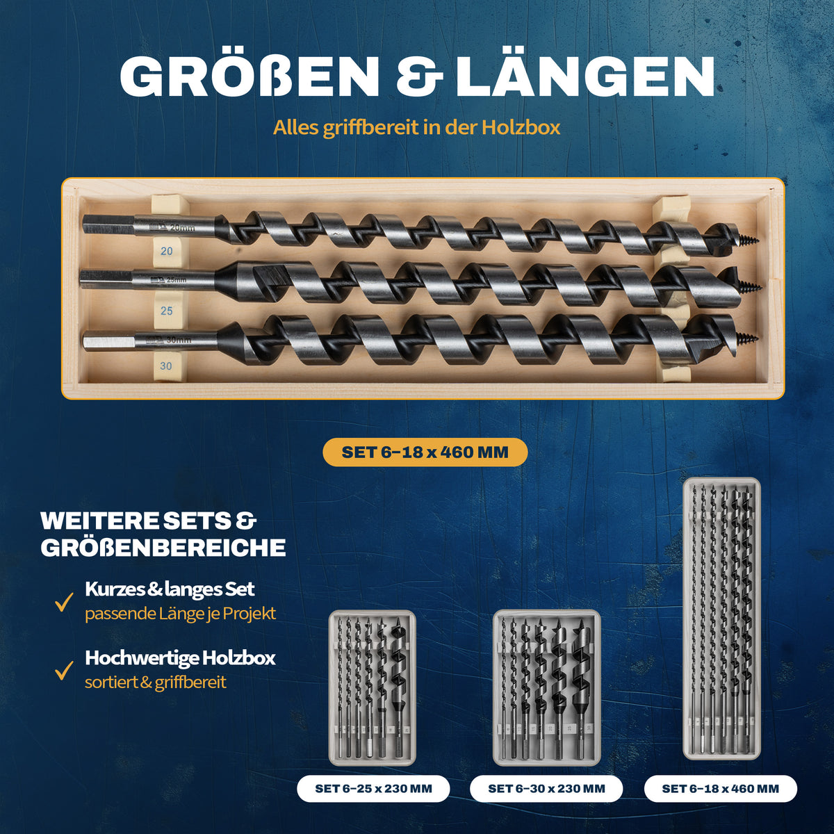 Übersicht verschiedener AM Schlangenbohrer-Größen und Längen für unterschiedliche Anwendungen im Holzbau.