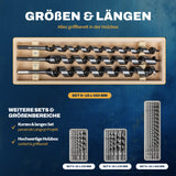 Übersicht verschiedener AM Schlangenbohrer-Größen und Längen für unterschiedliche Anwendungen im Holzbau.