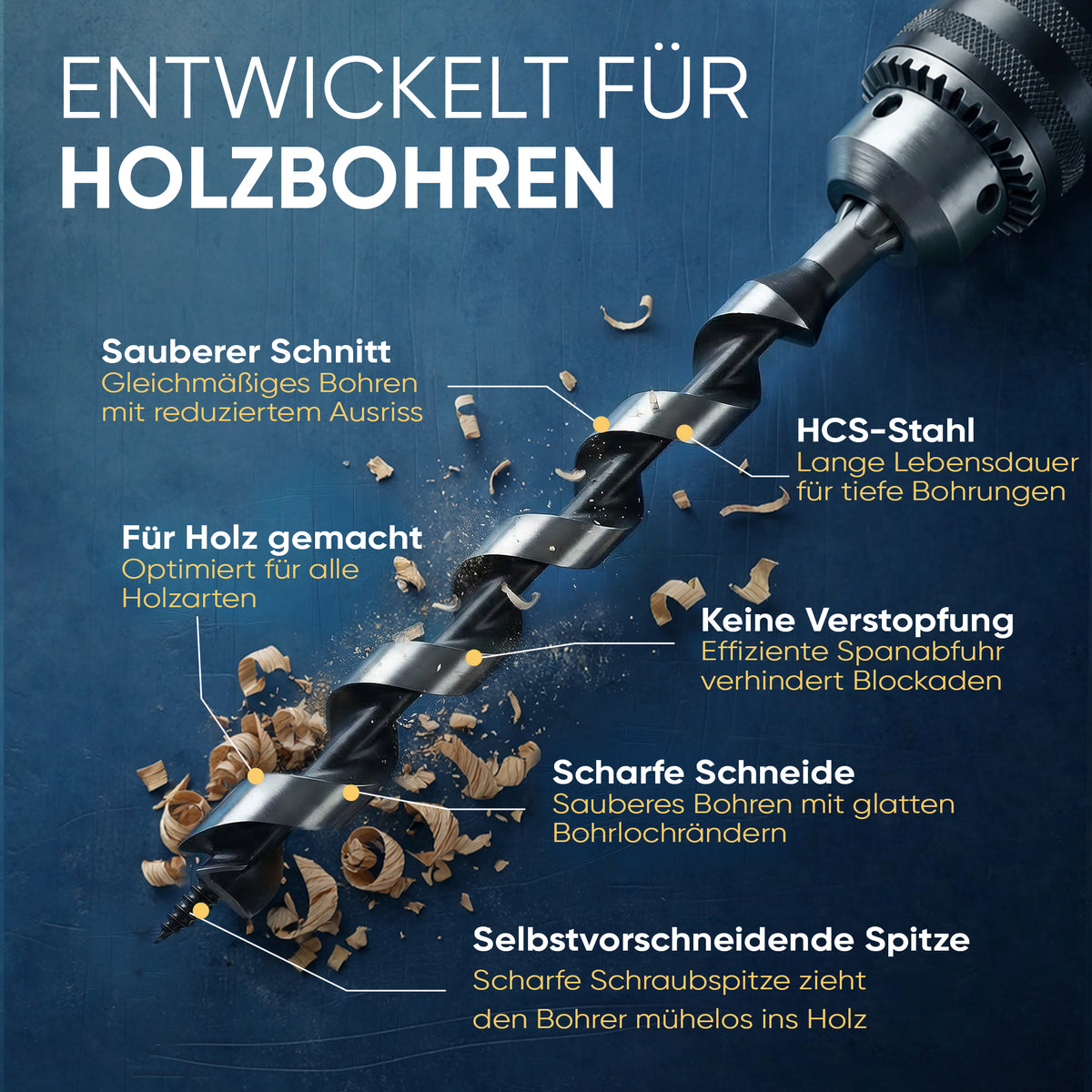 Schlangenbohrer für saubere und tiefe Holzbohrungen mit HCS-Stahl und scharfer Schneide.