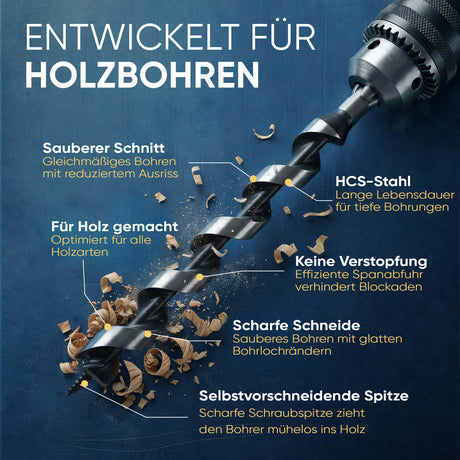 Schlangenbohrer für saubere und tiefe Holzbohrungen mit HCS-Stahl und scharfer Schneide.