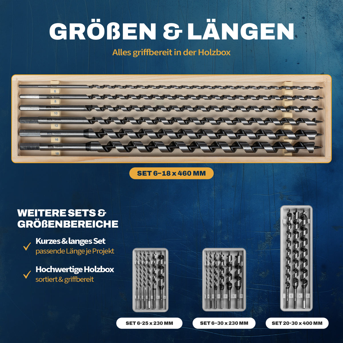 Übersicht der AM Schlangenbohrer in verschiedenen Größen und Längen.
