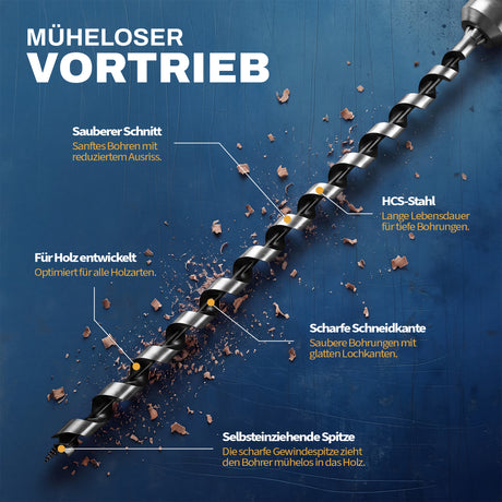 Kurzer AM Schlangenbohrer mit selbstziehender Spitze, HCS-Stahl und scharfer Schneide für Holz.
