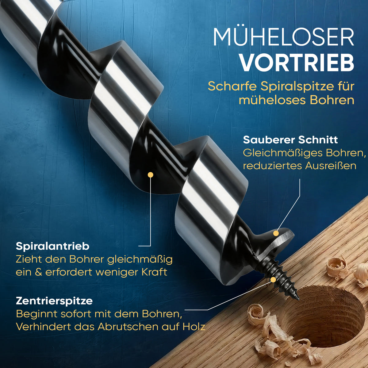 Schlangenbohrer mit selbstziehender Schraubspitze und Zentrierspitze für mühelosen Vortrieb.