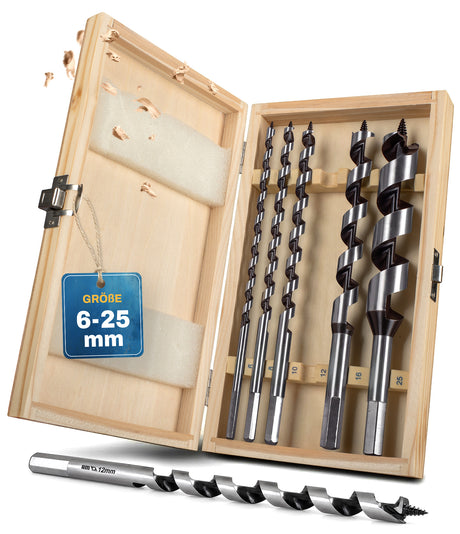 AM Schlangenbohrer-Set 6–25 mm in Holzbox für tiefe Bohrungen in Holz.