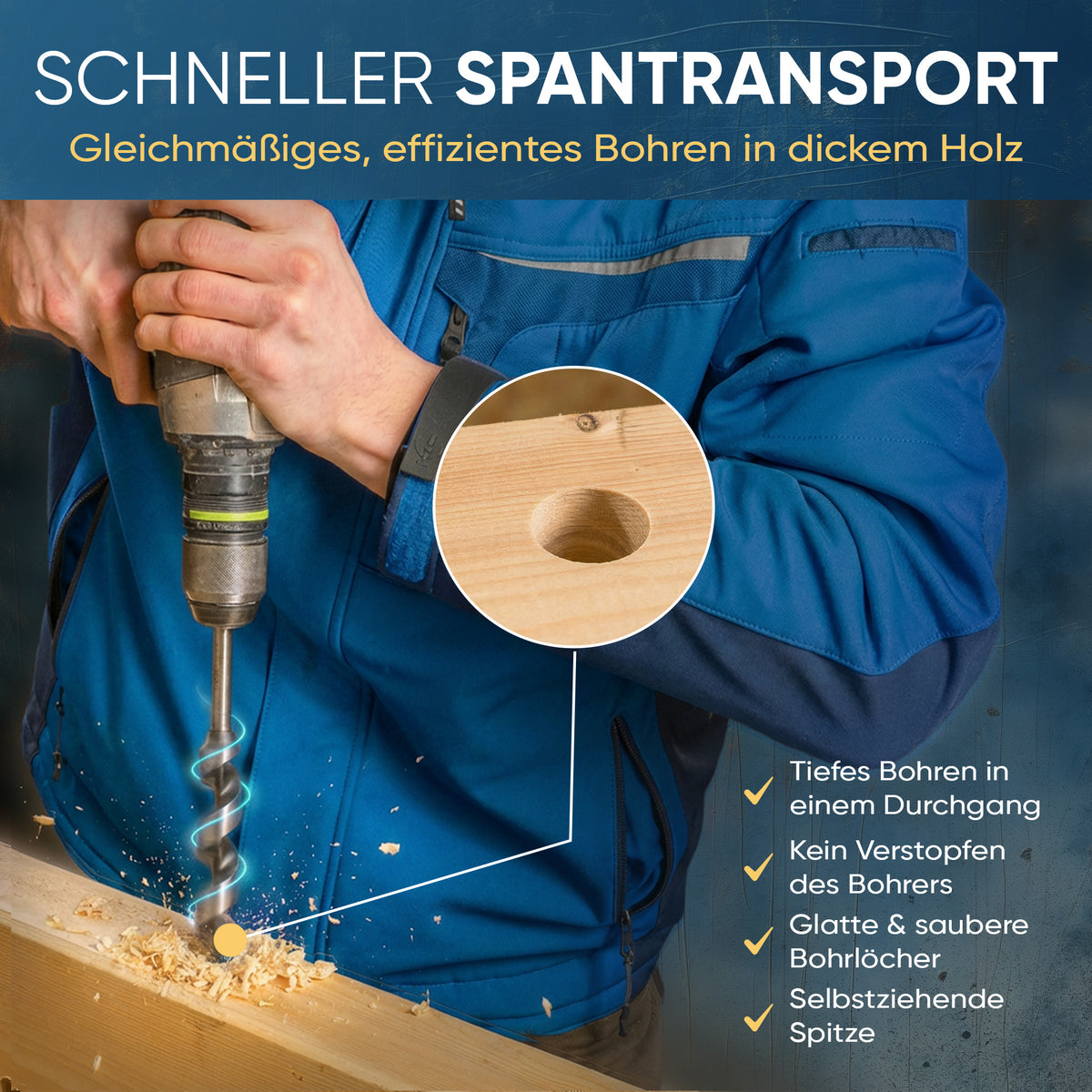 AM Schlangenbohrer mit Spiralnut für schnellen Spantransport bei tiefen Holzbohrungen.