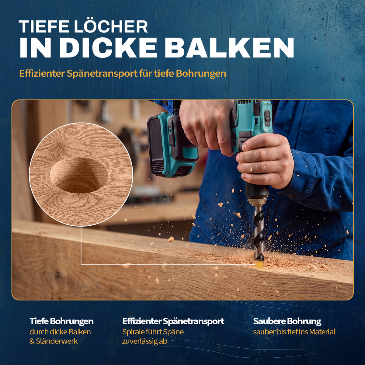 AM Schlangenbohrer für tiefe Löcher in dicken Balken mit effizientem Spantransport.