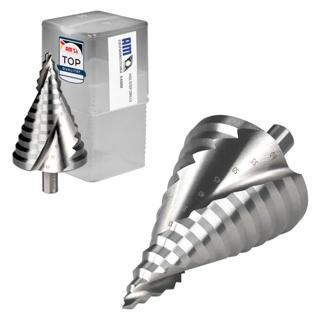 Massiver HSS M2 Stufenbohrer mit Spiralnut für Durchmesser von 6 mm bis 60 mm inklusive transparenter Aufbewahrungsbox.