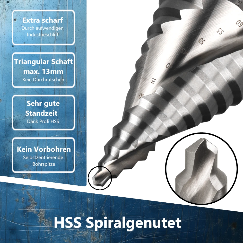 Technische Merkmale des HSS M2 Spiral-Stufenbohrers für hohe Standzeiten und saubere Bohrergebnisse.