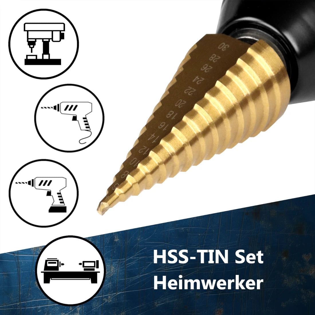 Universell einsetzbarer HSS-TiN Stufenbohrer für gängige Handbohrmaschinen, Tischbohrmaschinen und Akkuschrauber.