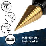 Universell einsetzbarer HSS-TiN Stufenbohrer für gängige Handbohrmaschinen, Tischbohrmaschinen und Akkuschrauber.