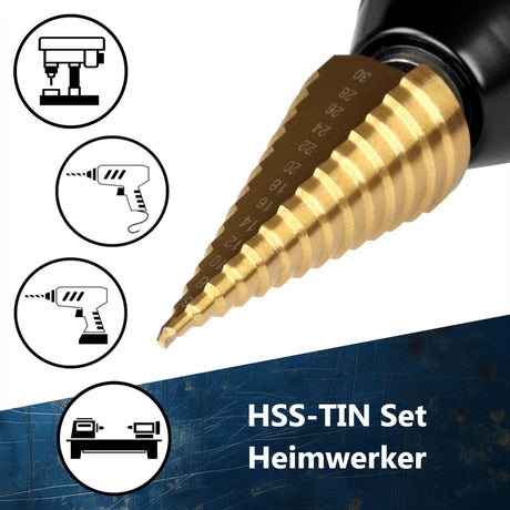 Universell einsetzbarer HSS-TiN Stufenbohrer für gängige Handbohrmaschinen, Tischbohrmaschinen und Akkuschrauber.
