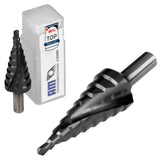 Einzelner HSSE-TiAlN Profi-Stufenbohrer mit Spiralnut für Durchmesser 4 mm bis 20 mm inklusive Aufbewahrungsbox.