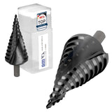 Großer HSSE-TiAlN Profi-Stufenbohrer einzeln mit Spiralnut für Durchmesser 4 mm bis 39 mm und Schutzbox.