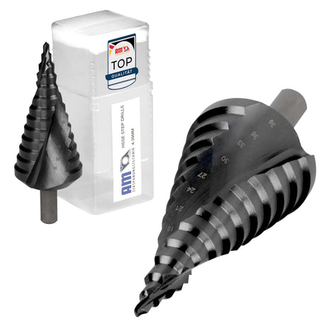 Großer HSSE-TiAlN Profi-Stufenbohrer einzeln mit Spiralnut für Durchmesser 4 mm bis 39 mm und Schutzbox.