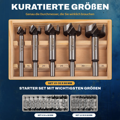 Forstnerbohrer-Set 15–35 mm mit fuenf abgestuften Größen für typische Bohrarbeiten in Holz.