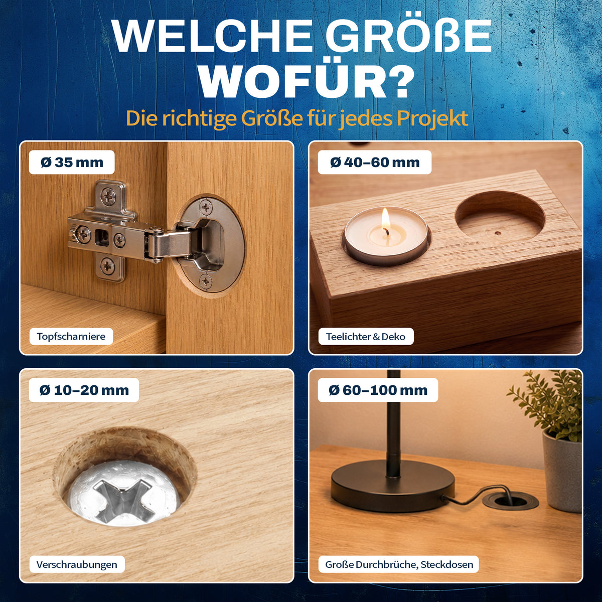 Übersicht zur Wahl der Forstnerbohrer-Größe für Topfscharniere, Teelichter, Versenkungen und Kabeldurchführungen.