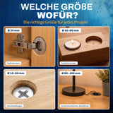 Übersicht zur Wahl der Forstnerbohrer-Größe für Topfscharniere, Teelichter, Versenkungen und Kabeldurchführungen.