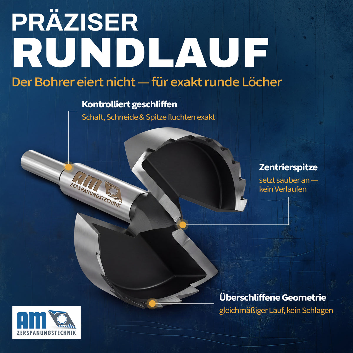 Forstnerbohrer mit Zentrierspitze, Vorschneidern und Schneidengeometrie für präzisen Rundlauf.