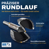 Forstnerbohrer mit Zentrierspitze, Vorschneidern und Schneidengeometrie für präzisen Rundlauf.