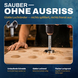 Forstnerbohrer beim Bohren in Holz: saubere Lochränder und glatte Schnittflächen ohne Ausriss.